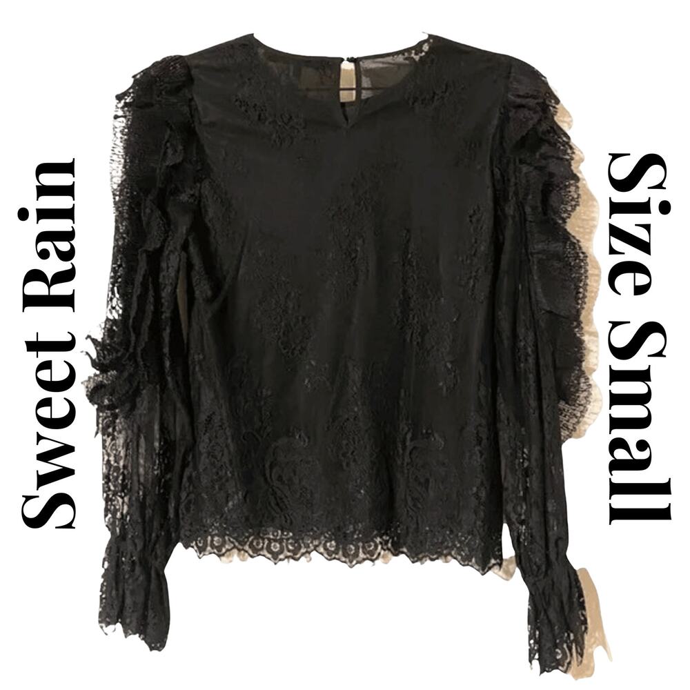 Sweet Rain Women’s Black Floral Lace Ruffle Long Sleeve Top Blouse Shirt Small
